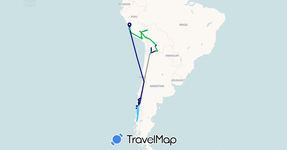 TravelMap itinerary: driving, bus, plane, cycling, train, hiking, boat in Bolivia, Chile, Peru (South America)